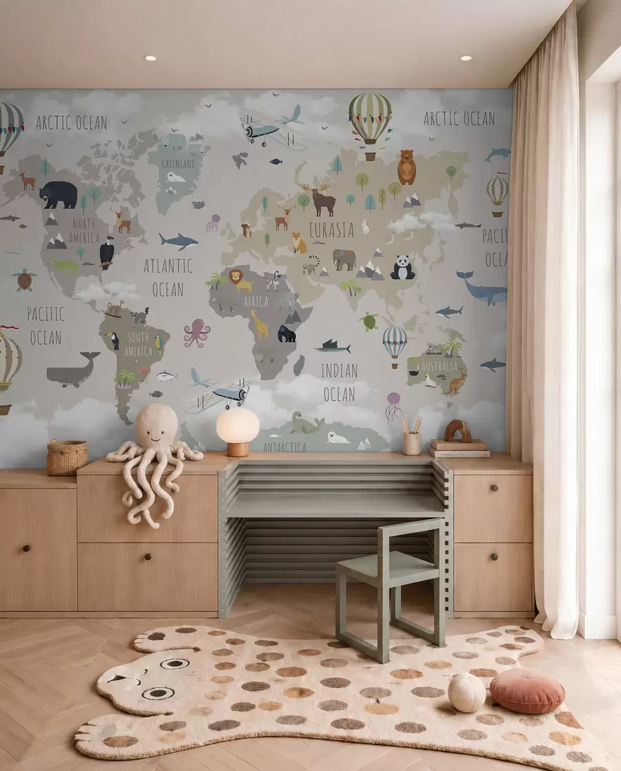 wall murals Светска карта са животињама и балонима u96461