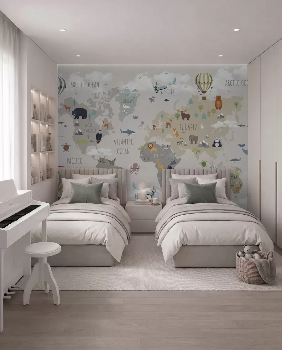 wall murals Светска карта са животињама и балонима u96461