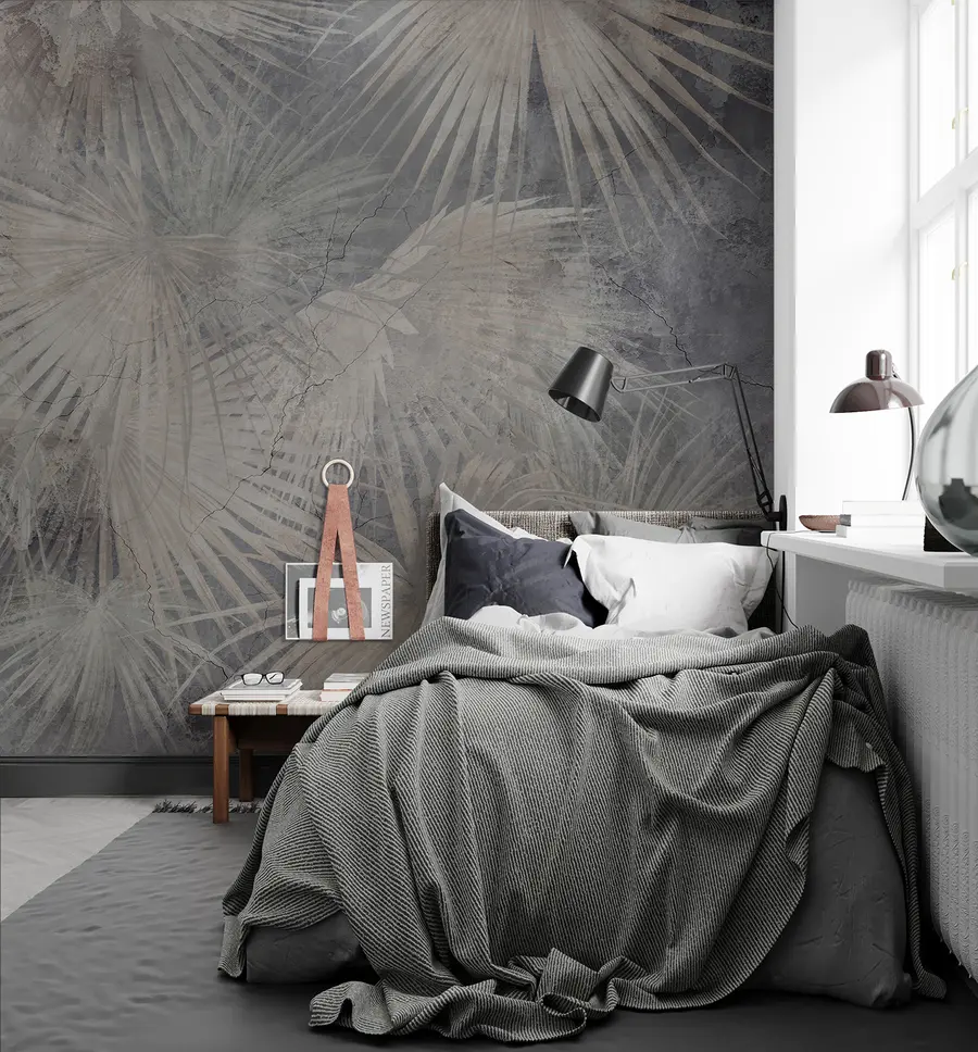 wall murals Егзотични тропски листови на бетонском зиду Грунге u96540