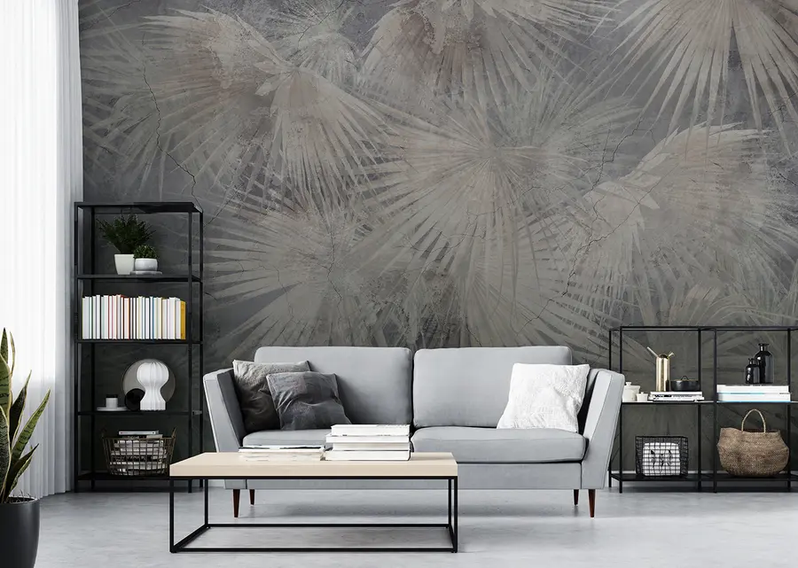 wall murals Егзотични тропски листови на бетонском зиду Грунге u96540