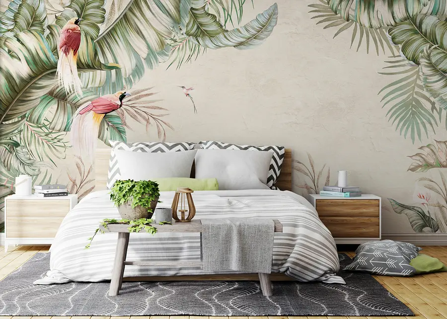 wall murals Тропске биљке и птице на текстурираној позадини u96550