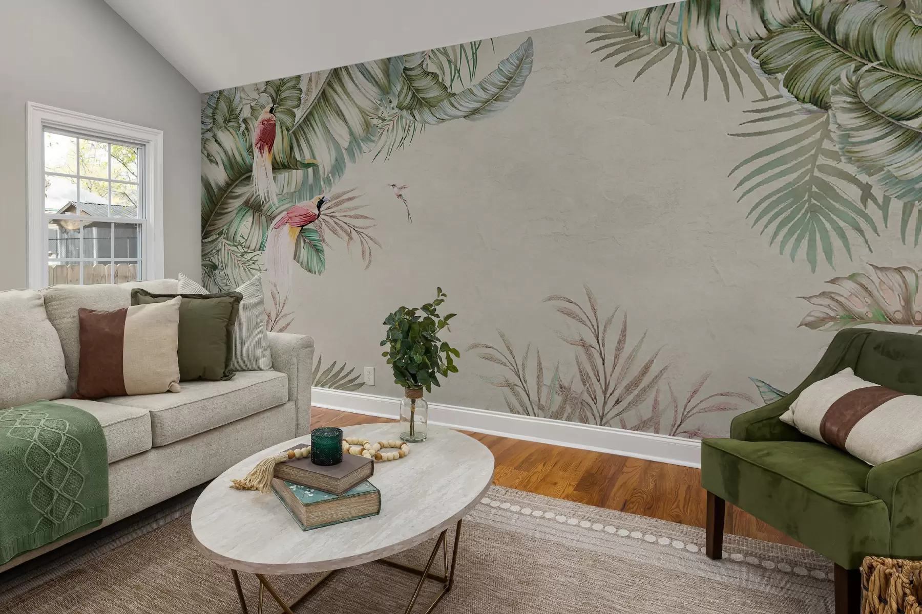 wall murals Тропске биљке и птице на текстурираној позадини u96550