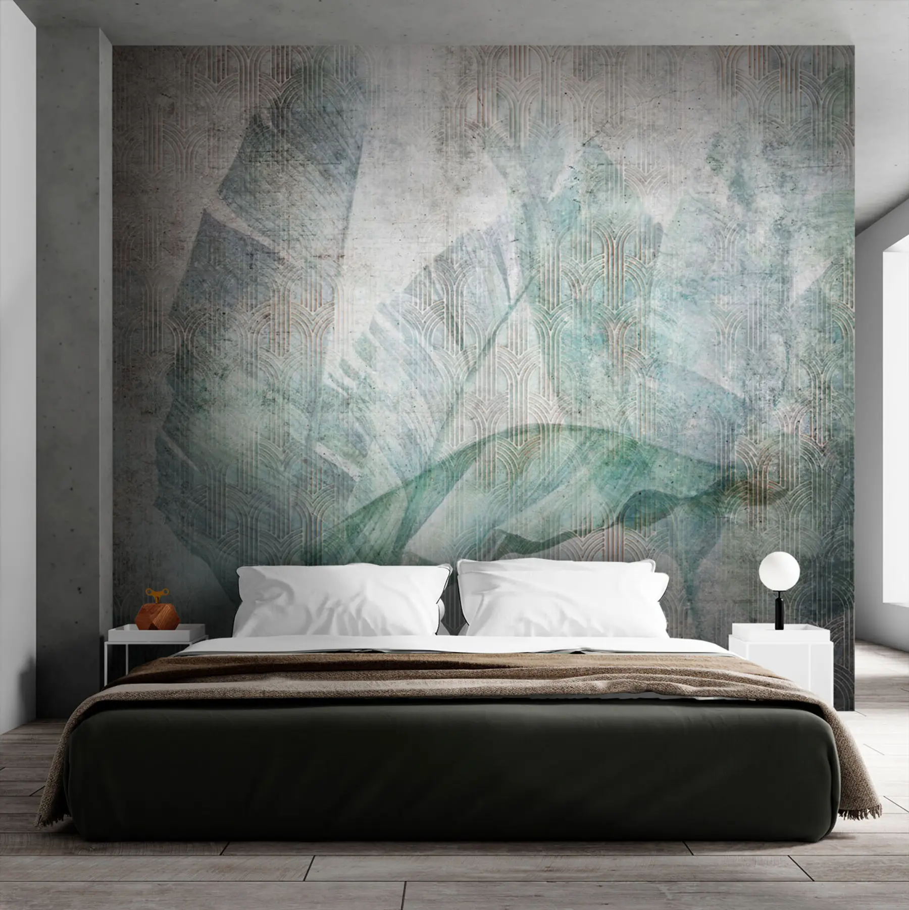 wall murals Велика зелена банана лишће и мермерне текстуре u96927