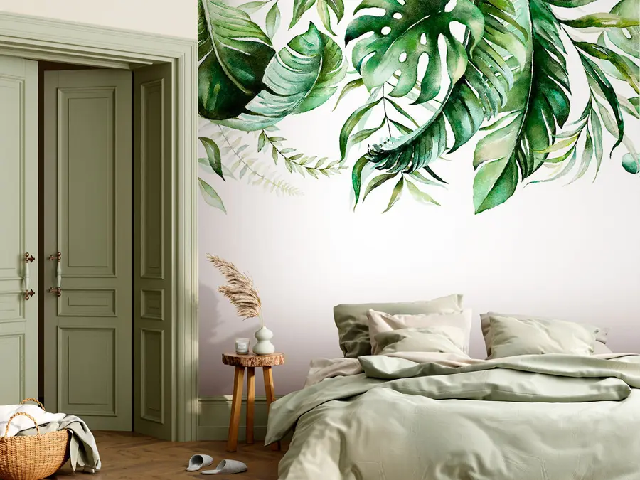 wall murals Зелена акварела Тропска листова изолована на белој позадини u96917