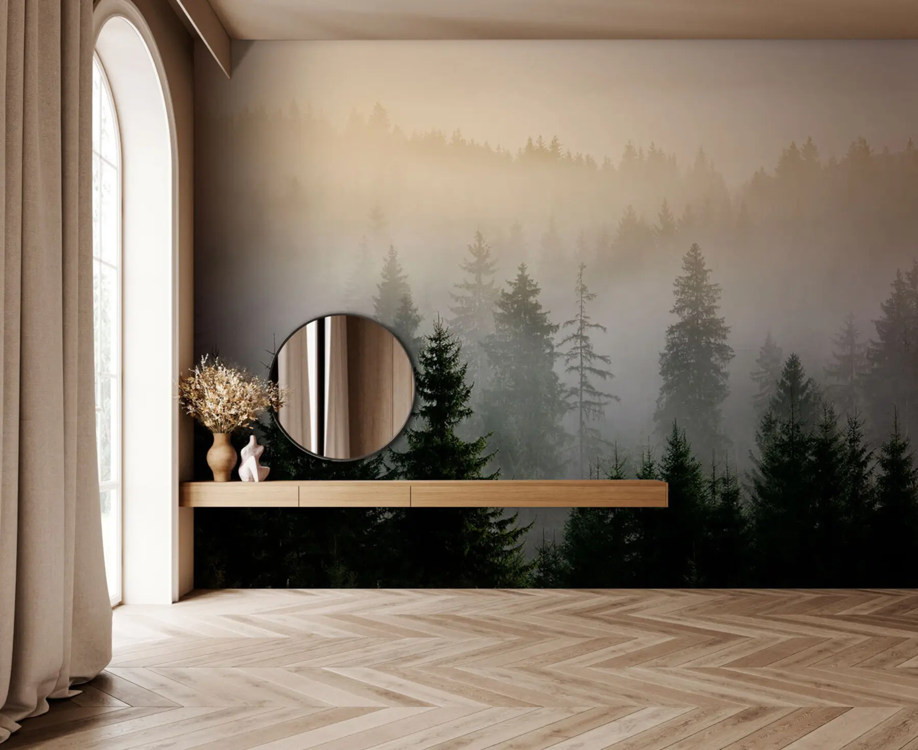 wall murals Тамна смрека силуета окружена магле u96999