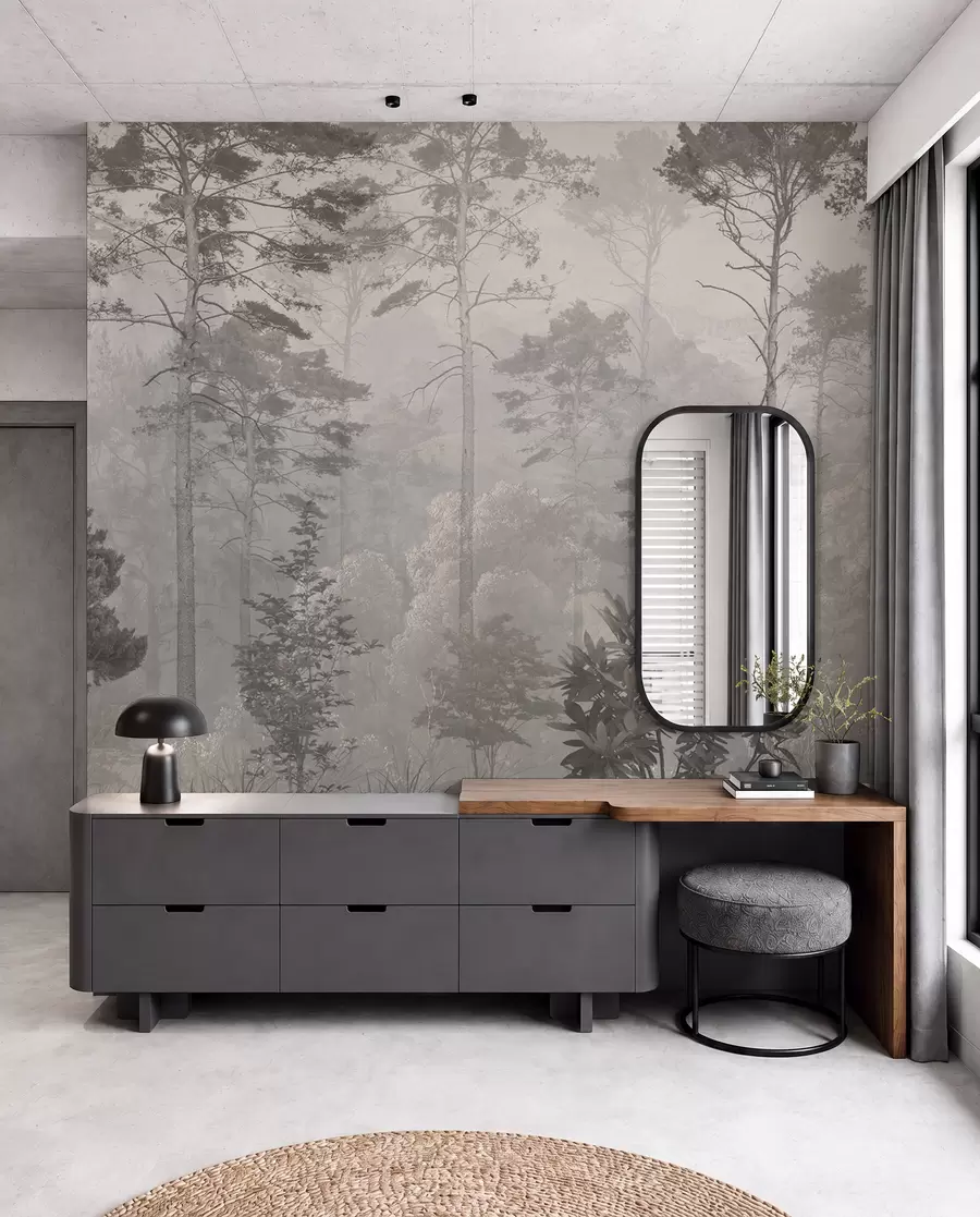 wall murals Висока стабла на брдима, шума у ​​магли u97190