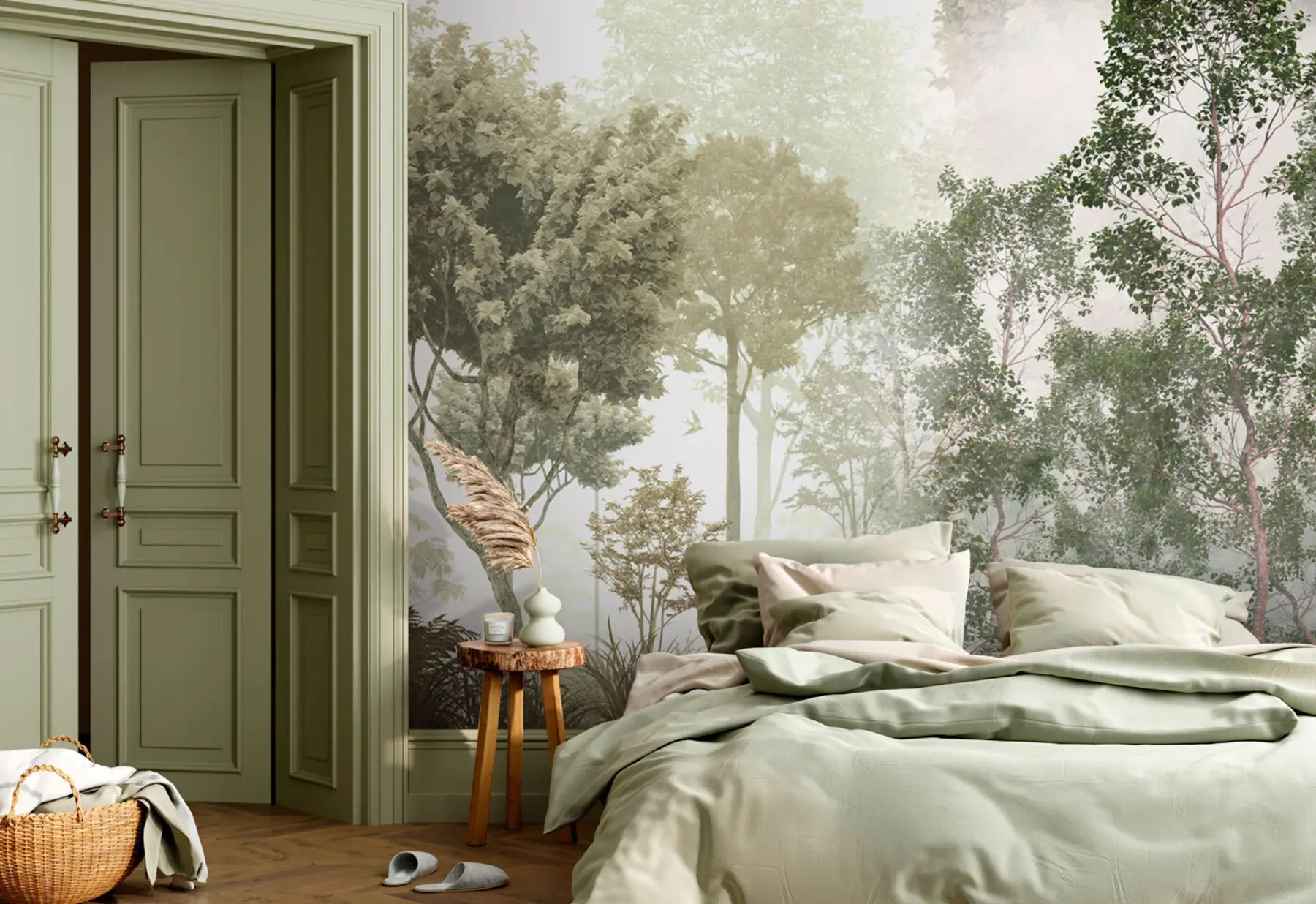 wall murals Тропска стабла и лишће у магловитој шуми u97402