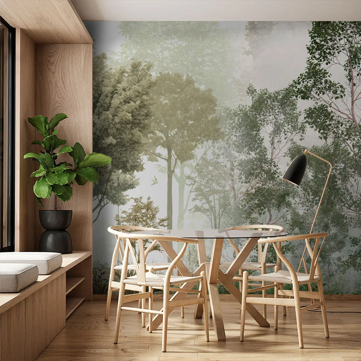 wall murals Тропска стабла и лишће у магловитој шуми u97402