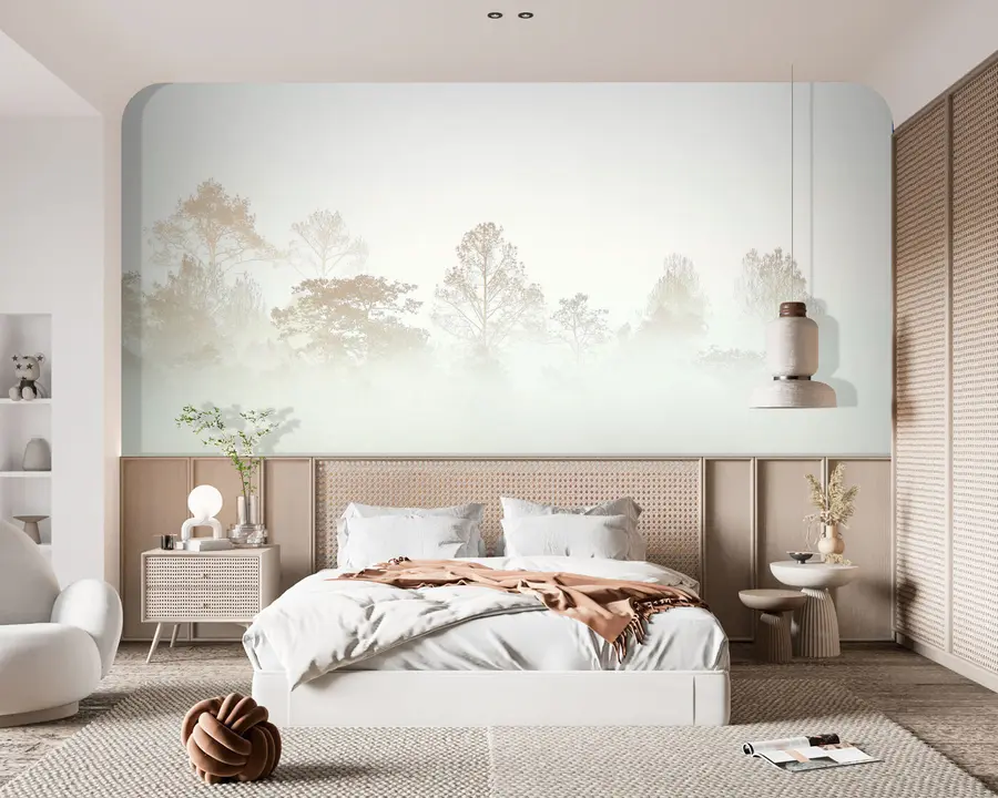 wall murals Силуета Грове стабала у густом белом јутарњој магли u97405