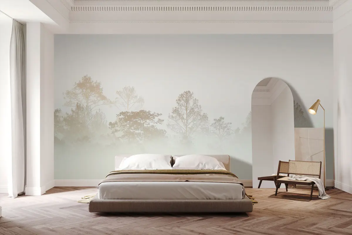 wall murals Силуета Грове стабала у густом белом јутарњој магли u97405