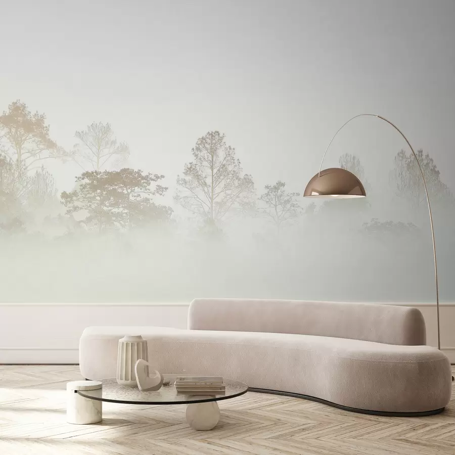 wall murals Силуета Грове стабала у густом белом јутарњој магли u97405