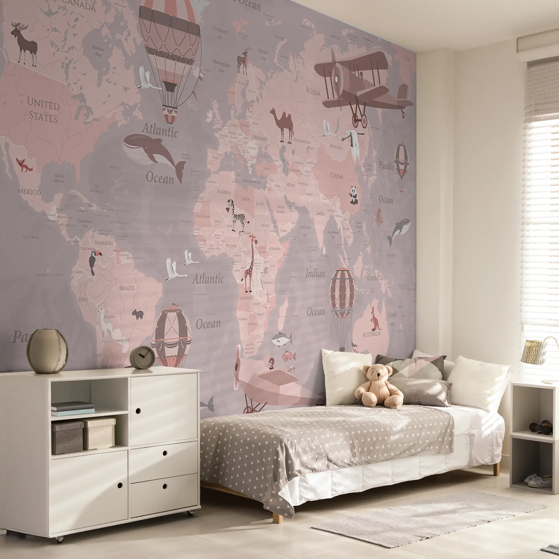 wall murals Карта света за децу са животињама у розе u36066v6