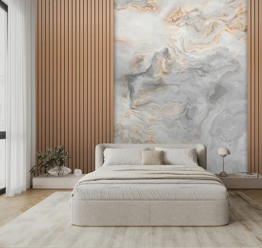 wall murals Дрвене летвице са мермером u97426