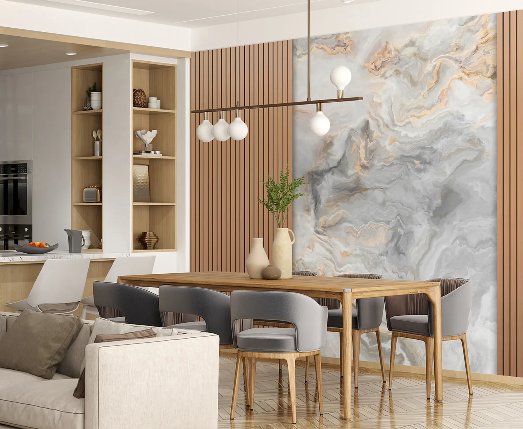 wall murals Дрвене летвице са мермером u97426