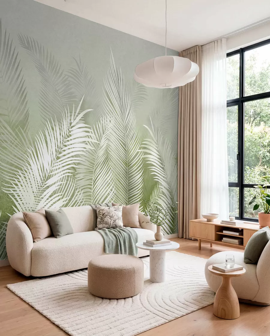 wall murals Беле палме на ружичастој гранж позадини. у зеленим бојама u74601v3