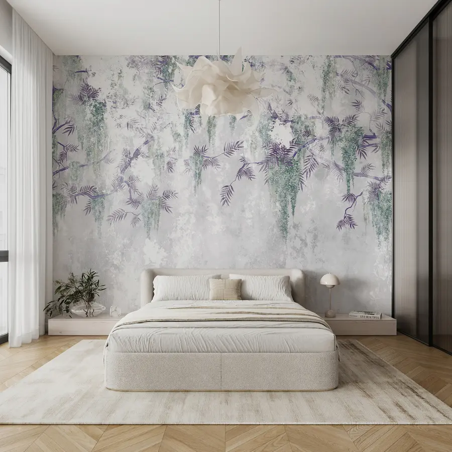 wall murals Висеће тренди грунге гране са љубичастим цветовима у плавим бојама u73816v1