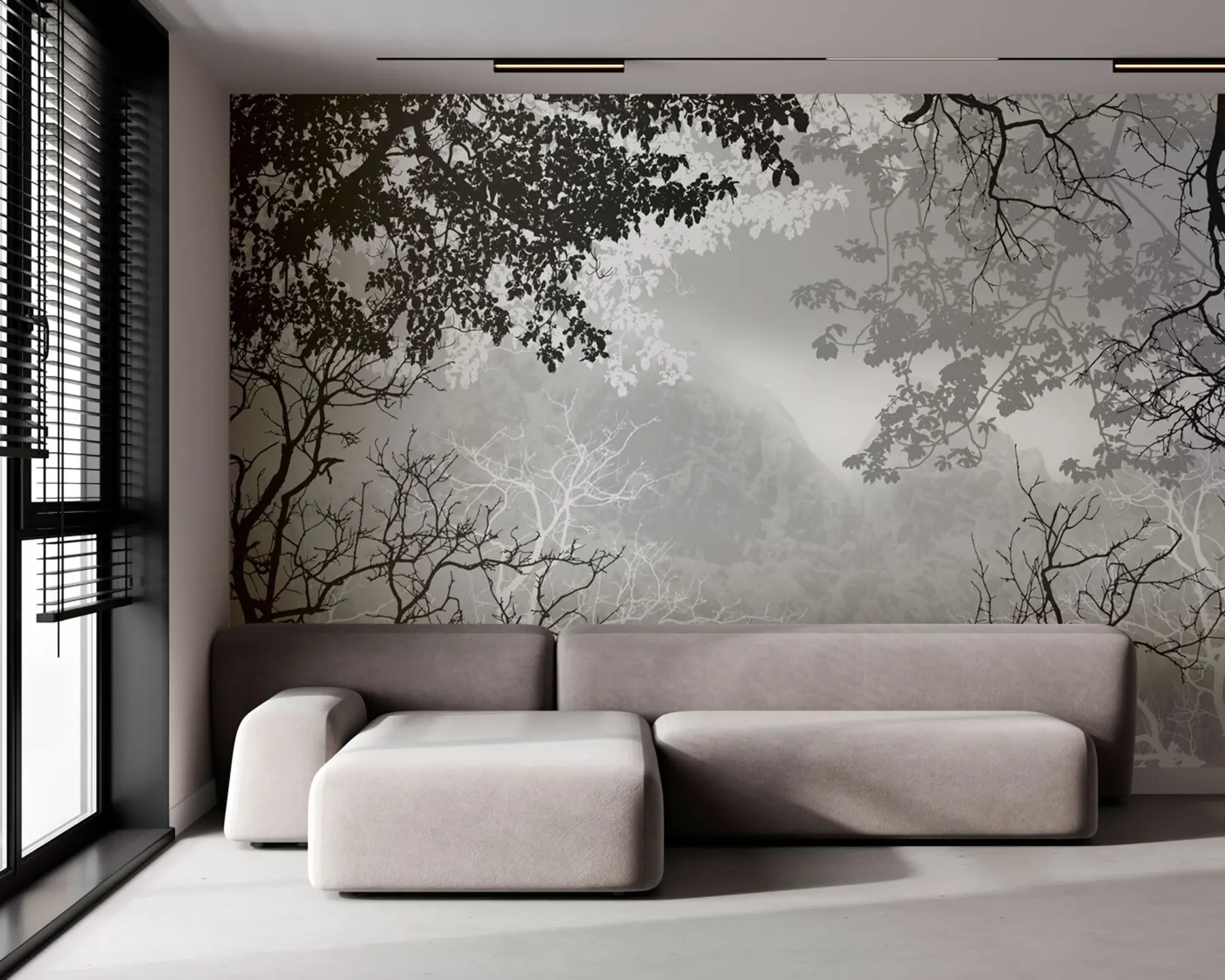wall murals Илустрација шуме на позадини планина са маглом u98050