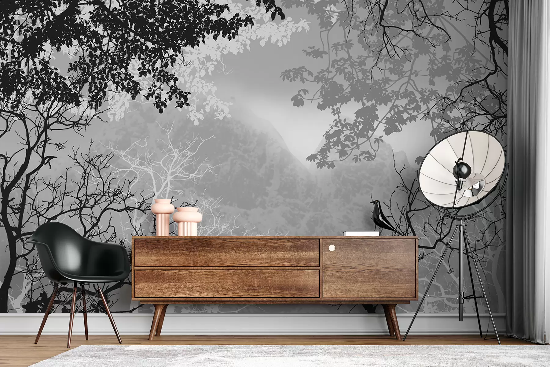 wall murals Илустрација шуме на позадини планина са маглом u98050
