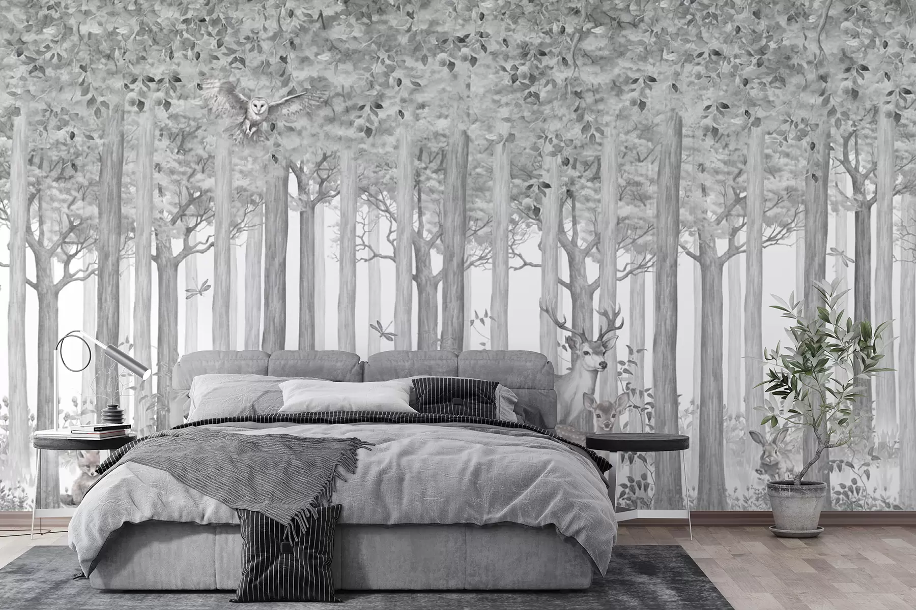 wall murals Шумске животиње јелен и сива сова u97629v1