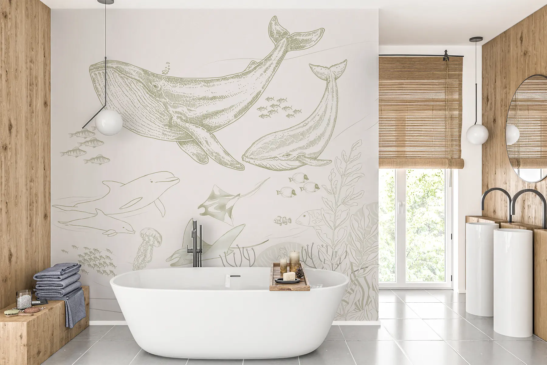 wall murals Подводни свет, гребен са китовима и делфинима u98151