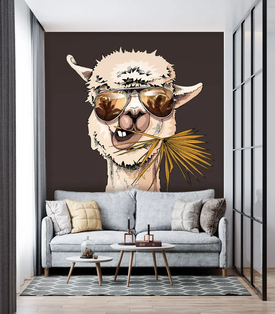 wall murals Портрет ламе у сунчаним наочарима са лепезастим палминим листом u98177v2