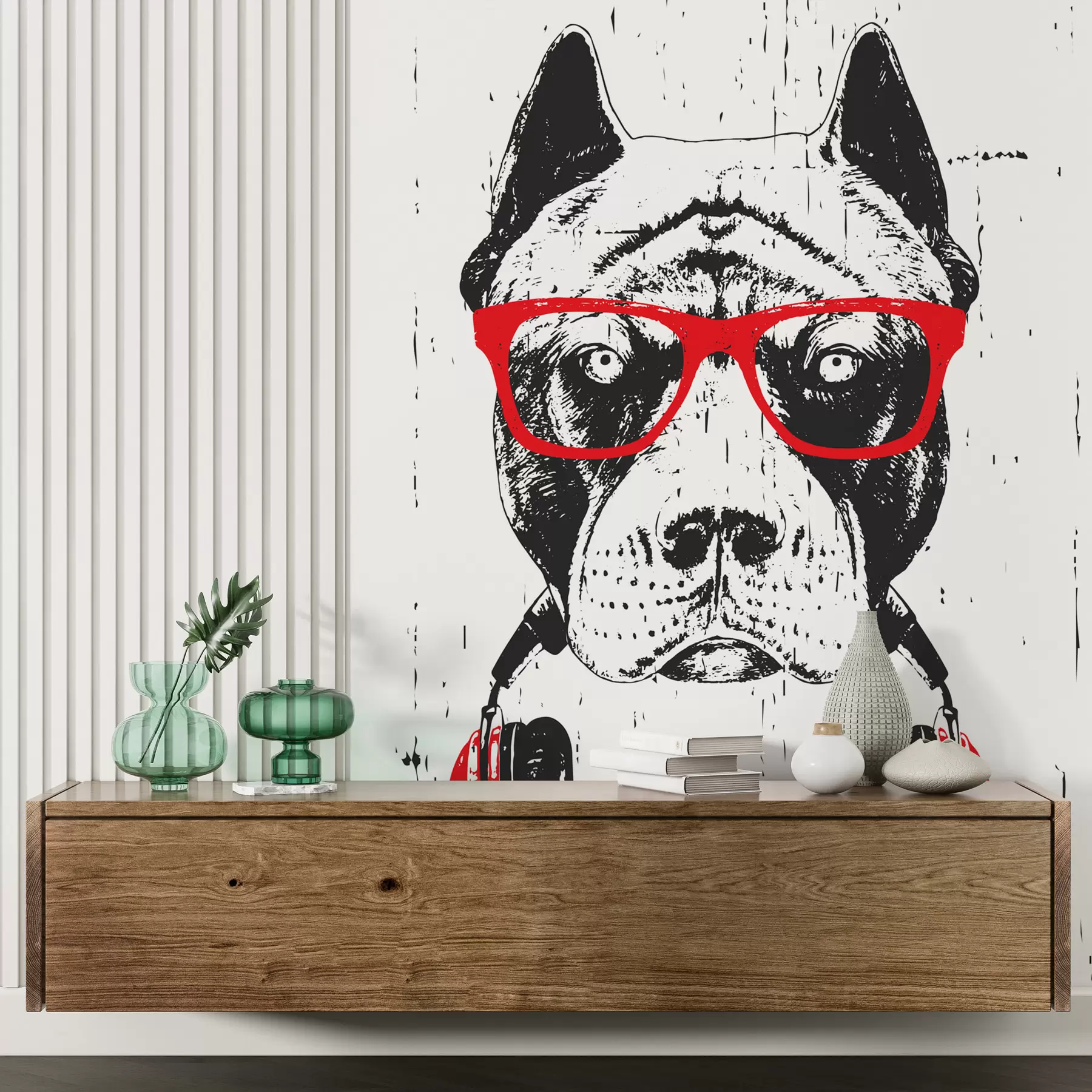 wall murals Портрет Питбула са наочарима и слушалицама u98184