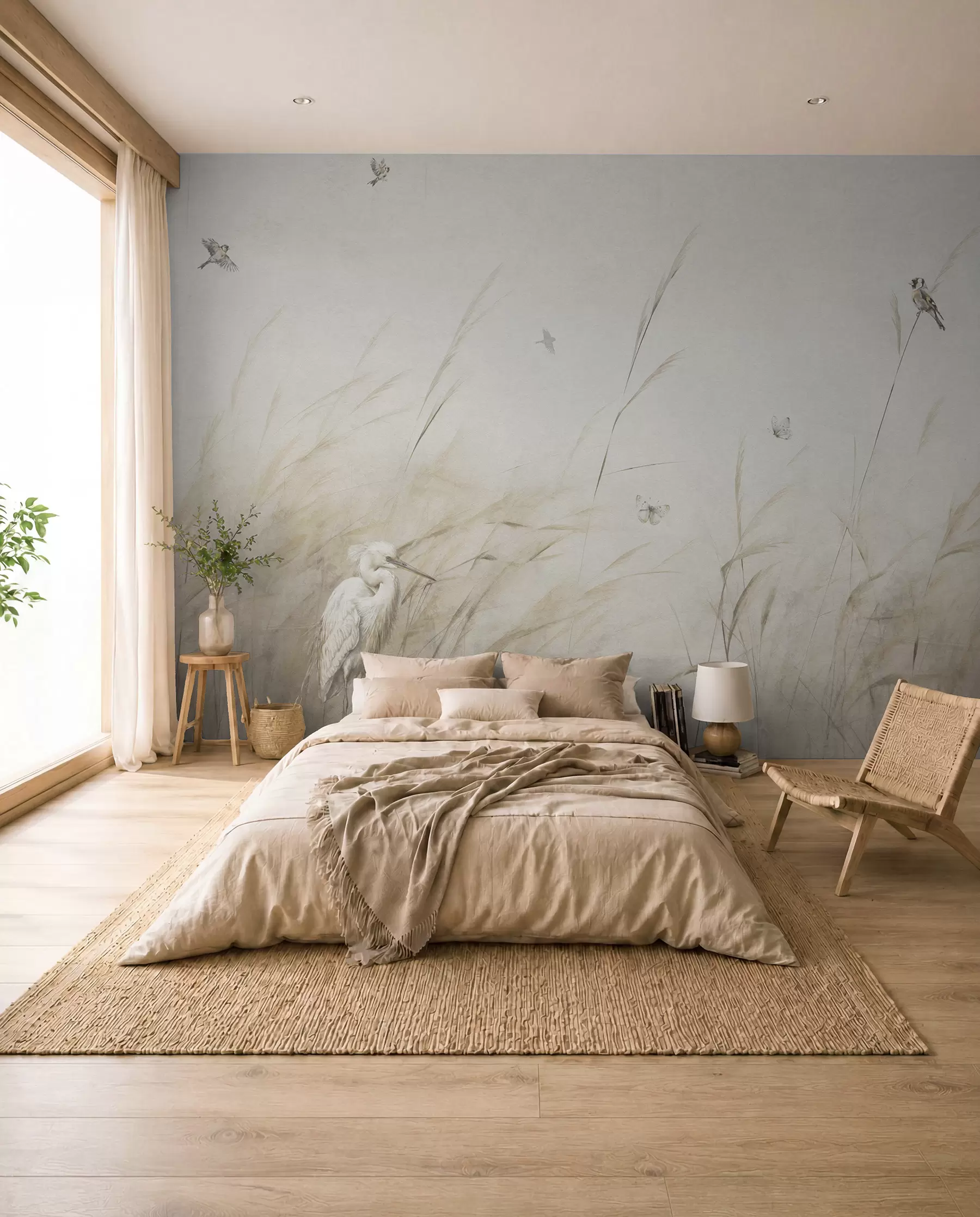 wall murals Птице на језеру међу сувим цвећем, биљкама и травом u98439