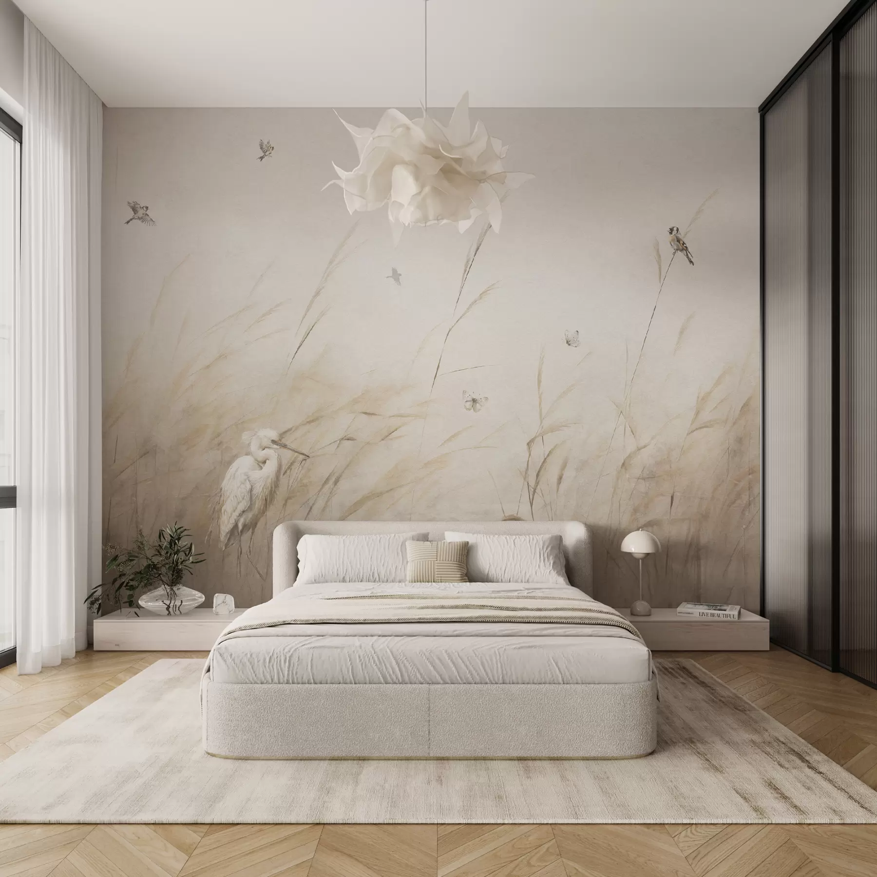 wall murals Птице на језеру међу сувим цвећем, биљкама и травом u98439
