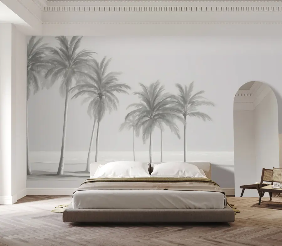 wall murals Црно-беле палме на обали мора u98763