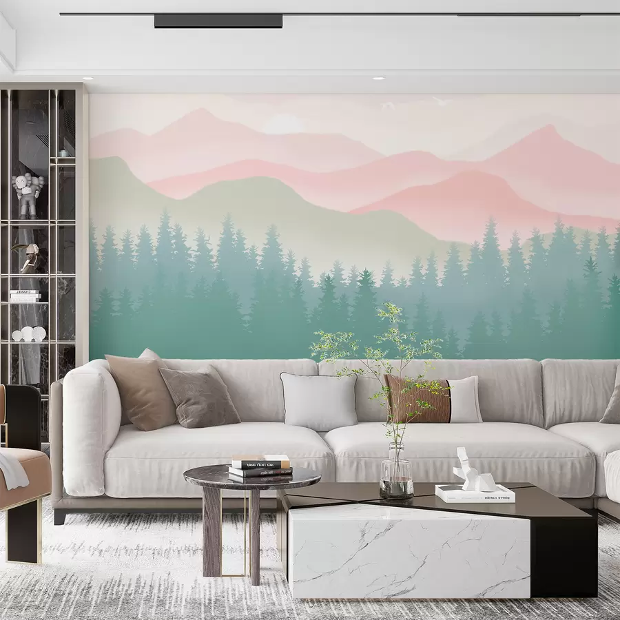 wall murals Магловите планине са боровом шумом, меке природне боје, ружичаста и зелена u98774