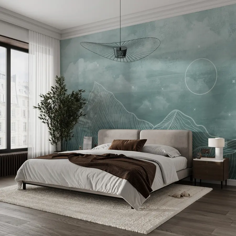 wall murals Грунге текстура са облацима и планинама, боја аквамарина, уметност са темом природе u98838