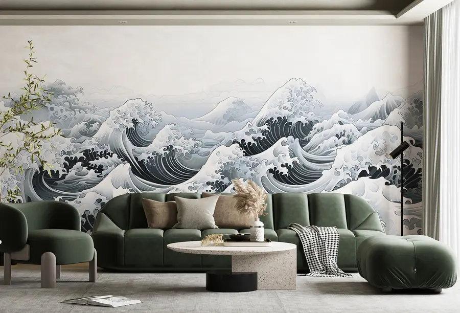 wall murals Морски таласи у јапанском стилу, океанска тема, марина, меке боје u98898