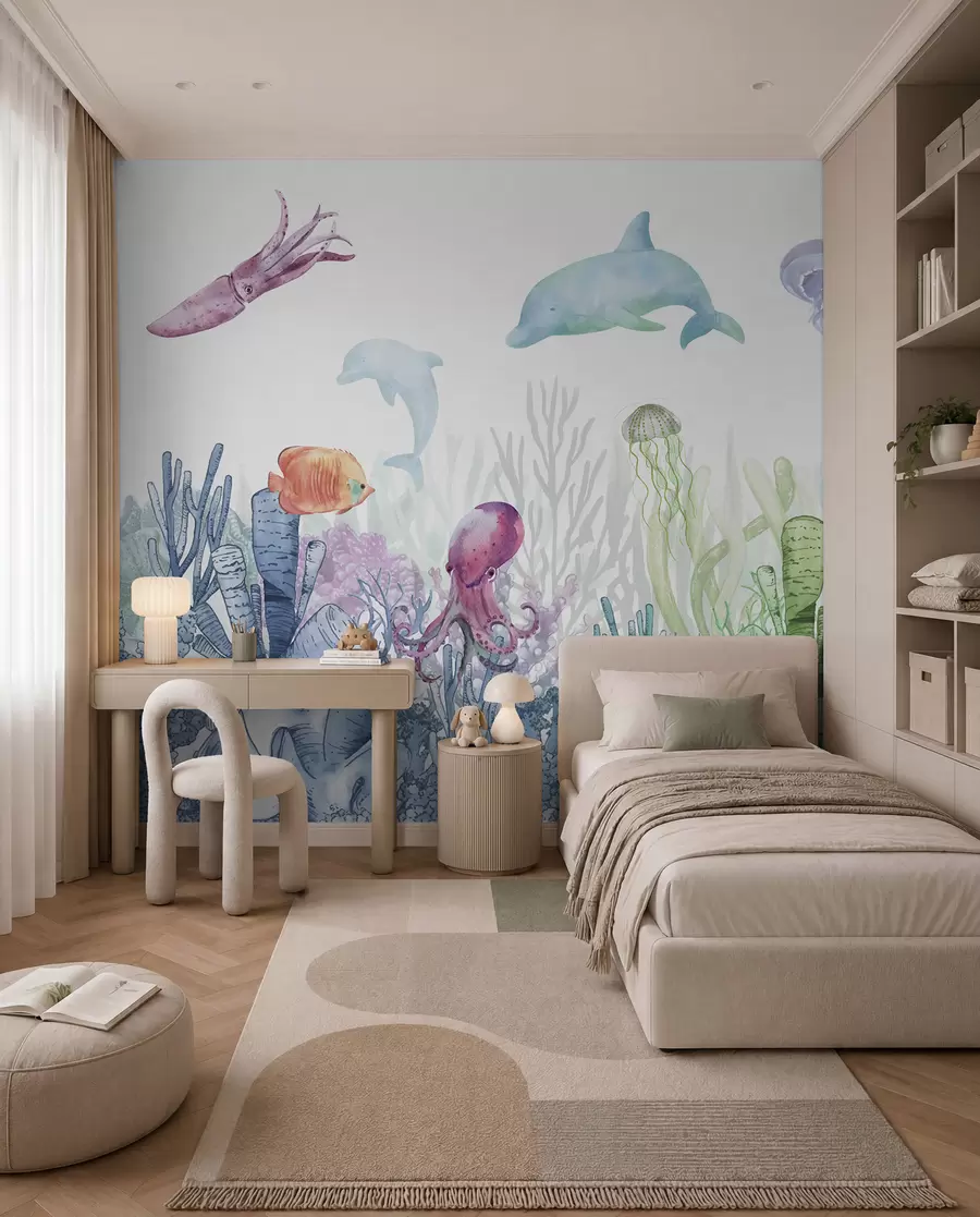 wall murals Подводни морски живот, морске животиње, акварел, корали, делфин, хоботница u98899