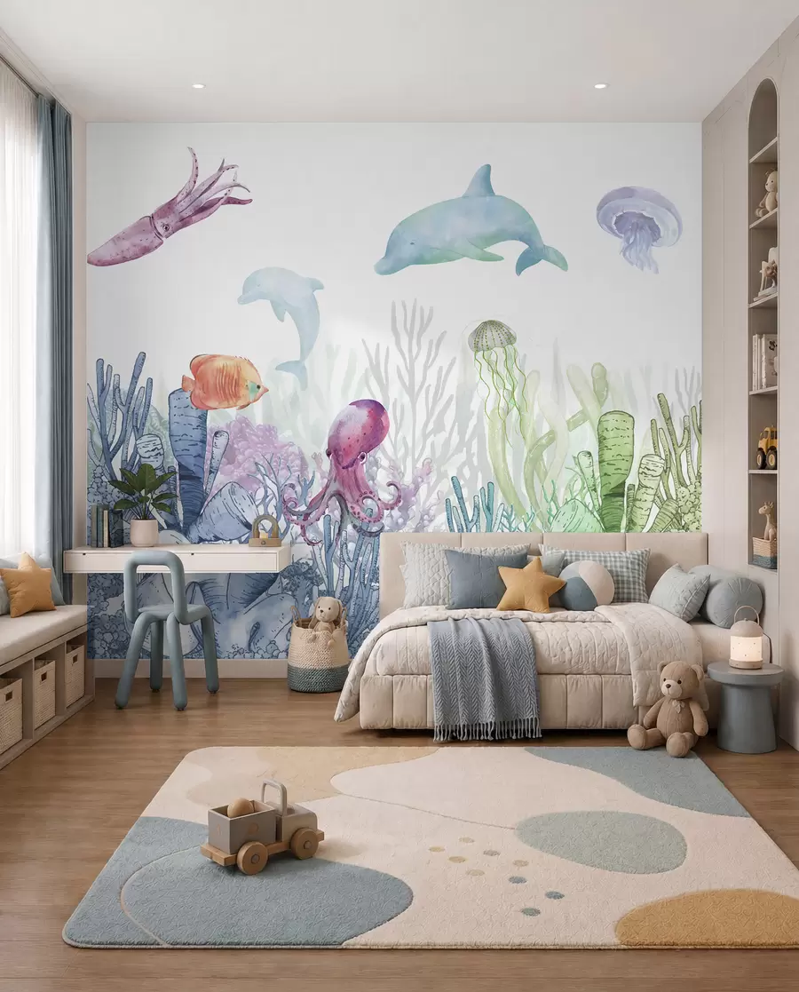 wall murals Подводни морски живот, морске животиње, акварел, корали, делфин, хоботница u98899