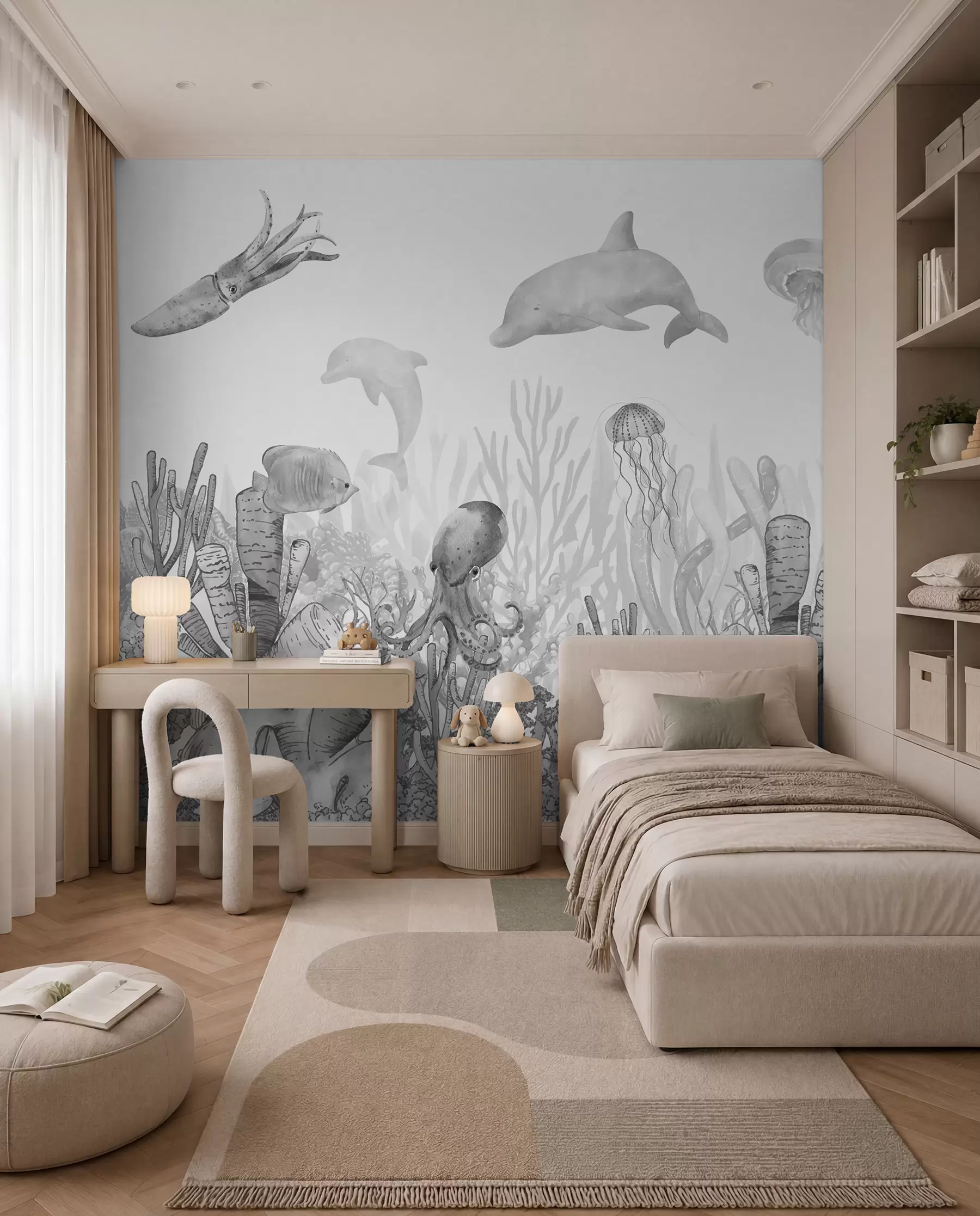 wall murals Подводни морски живот, морске животиње, акварел сива боја, корали, делфин, хоботница u98899v1
