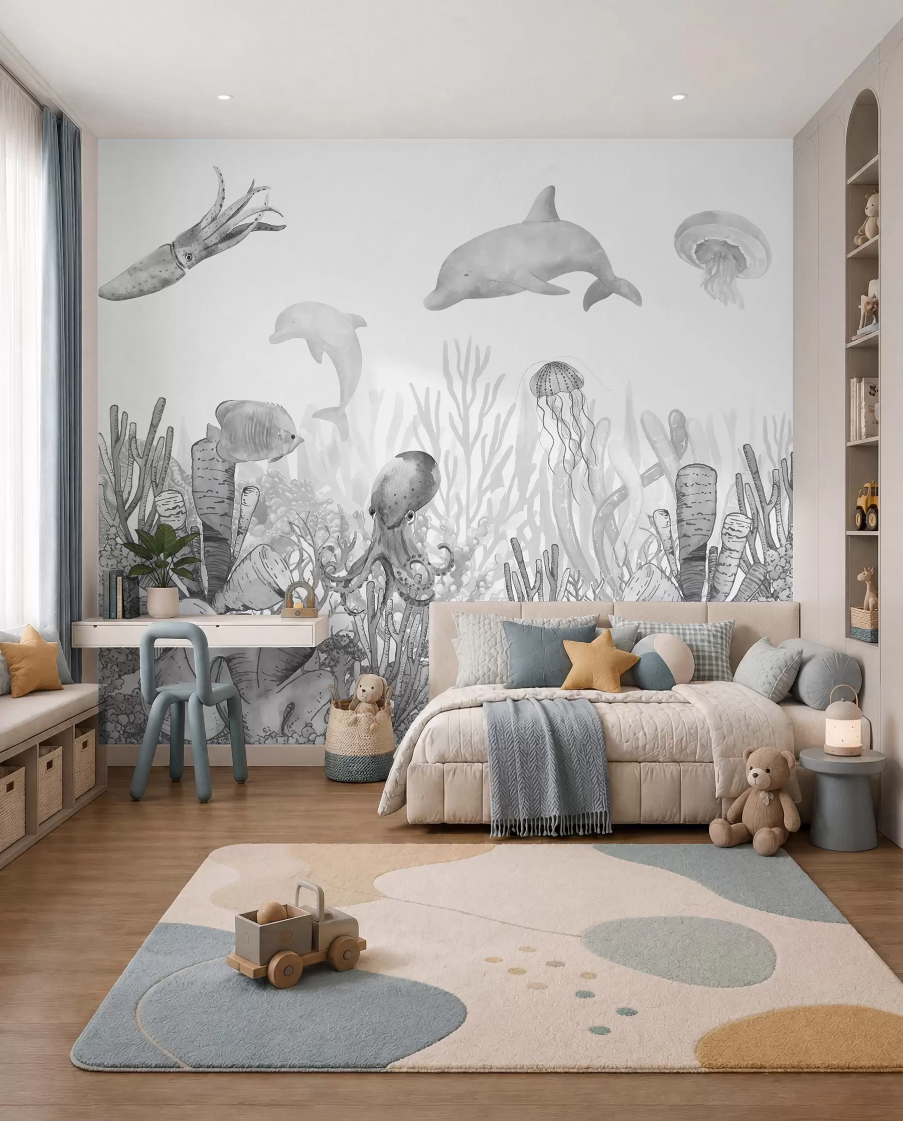 wall murals Подводни морски живот, морске животиње, акварел сива боја, корали, делфин, хоботница u98899v1