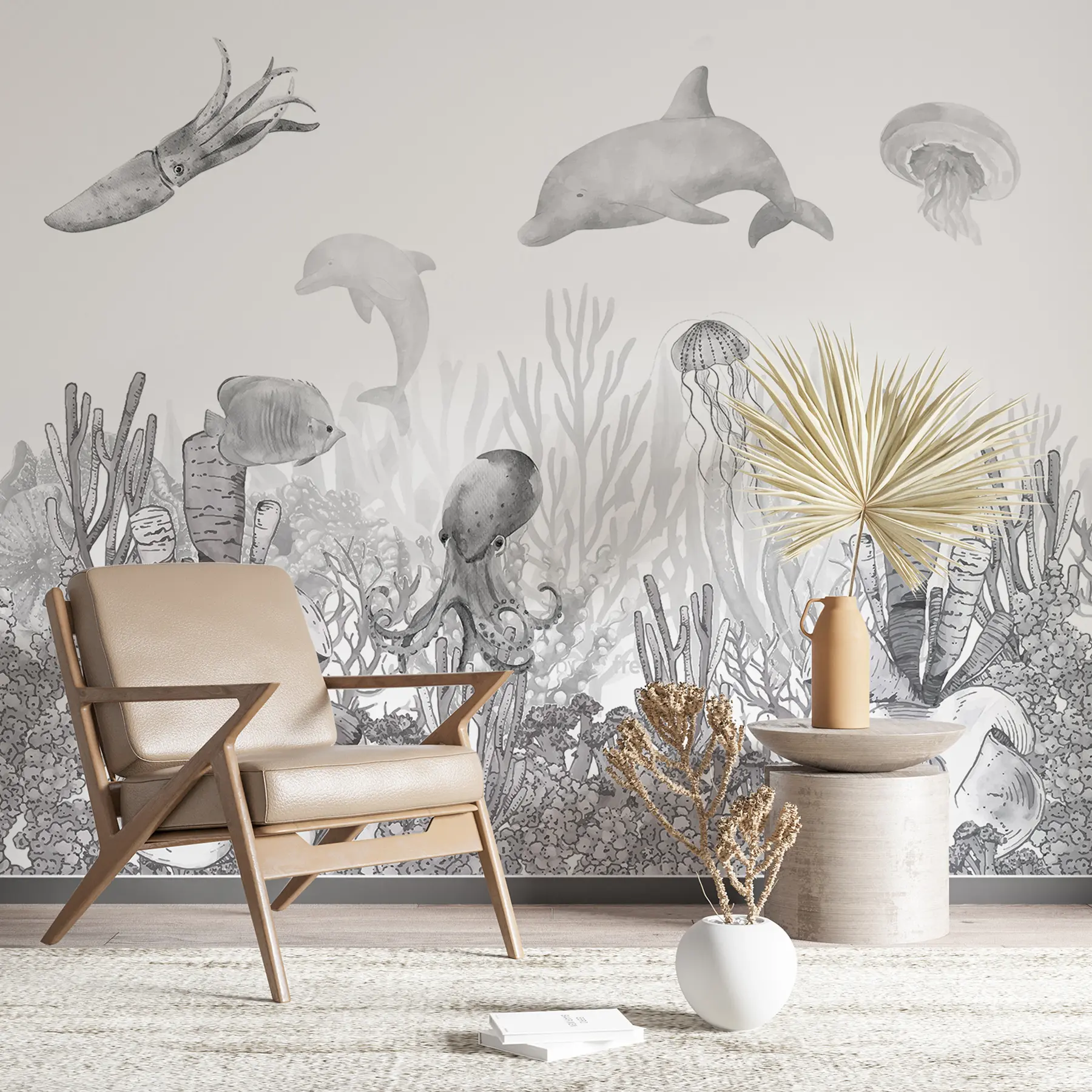 wall murals Подводни морски живот, морске животиње, акварел сива боја, корали, делфин, хоботница u98899v1