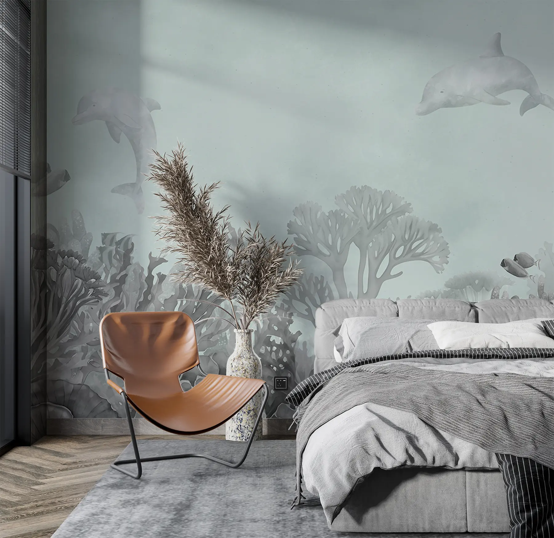 wall murals Подводни морски живот, корални гребен, акварел сива и плава боја, делфини u98900