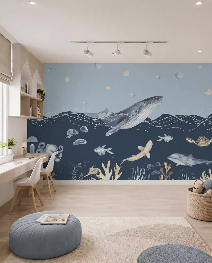 wall murals Подводни морски живот, кит, делфин, корали, морске животиње, океанска тема, пастелне боје u98902