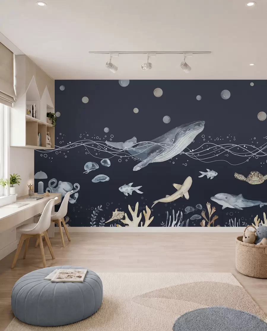 wall murals Подводни морски живот, кит, делфин, корали, морске животиње, беж и плава u98902v1