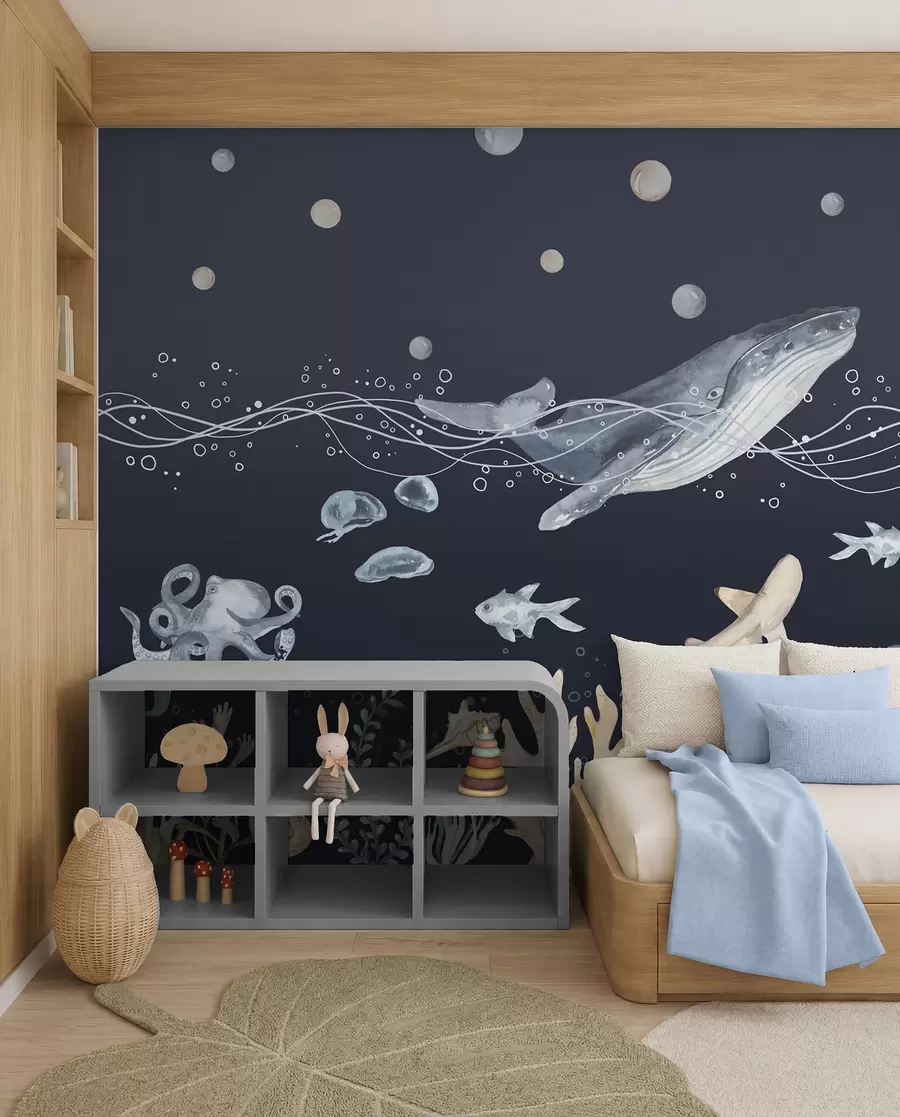 wall murals Подводни морски живот, кит, делфин, корали, морске животиње, беж и плава u98902v1