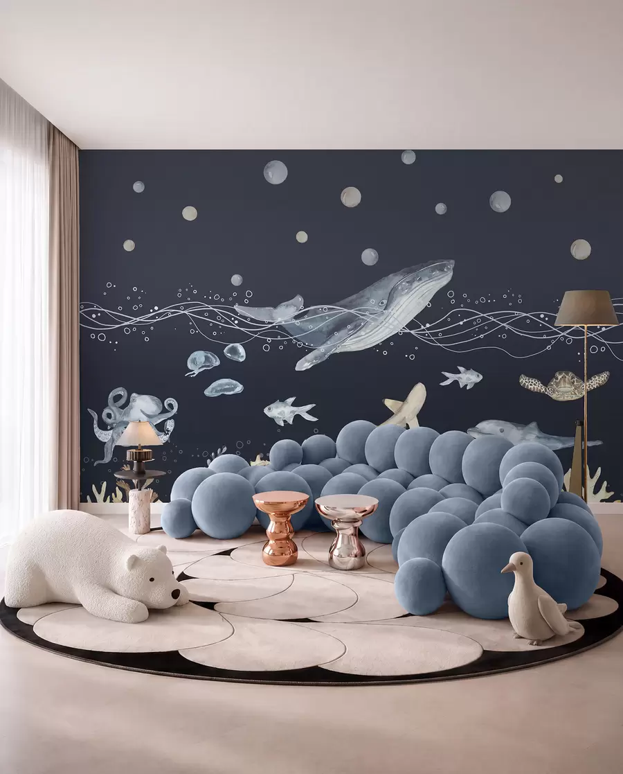wall murals Подводни морски живот, кит, делфин, корали, морске животиње, беж и плава u98902v1
