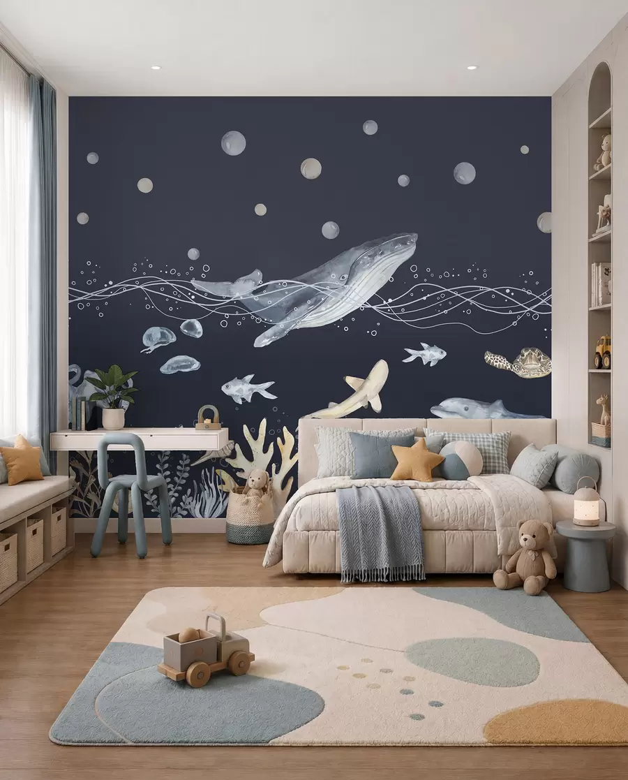 wall murals Подводни морски живот, кит, делфин, корали, морске животиње, беж и плава u98902v1