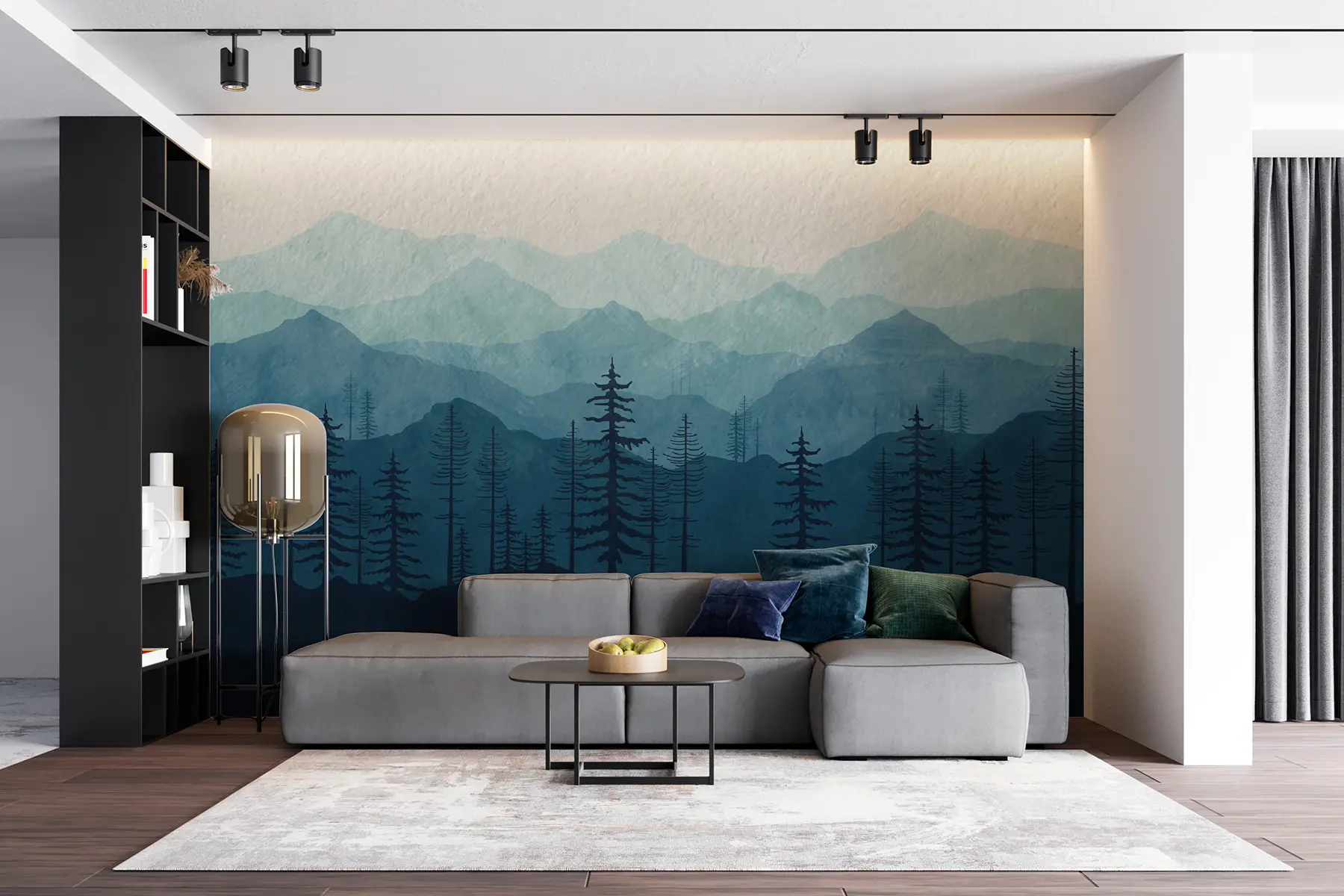 wall murals Планине плаве једнобојне боје са текстуром акварела u98925