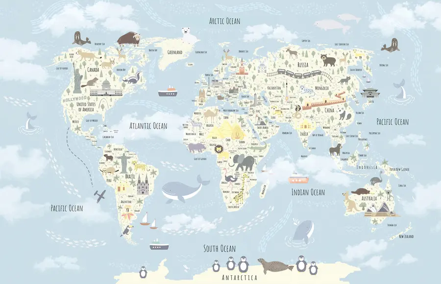 wall murals Карта света за децу са животињама и знаменитостима u96587