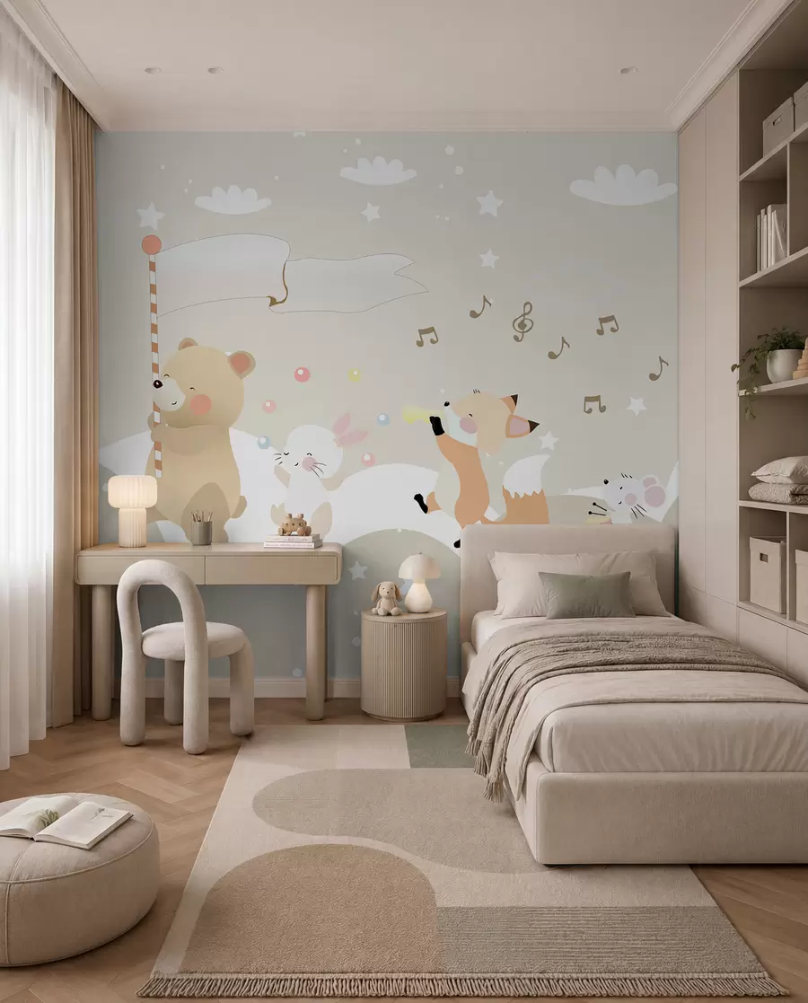 wall murals Дизајн тапета за дечију собу са слатким животињама у ружичастим тоновима u98969
