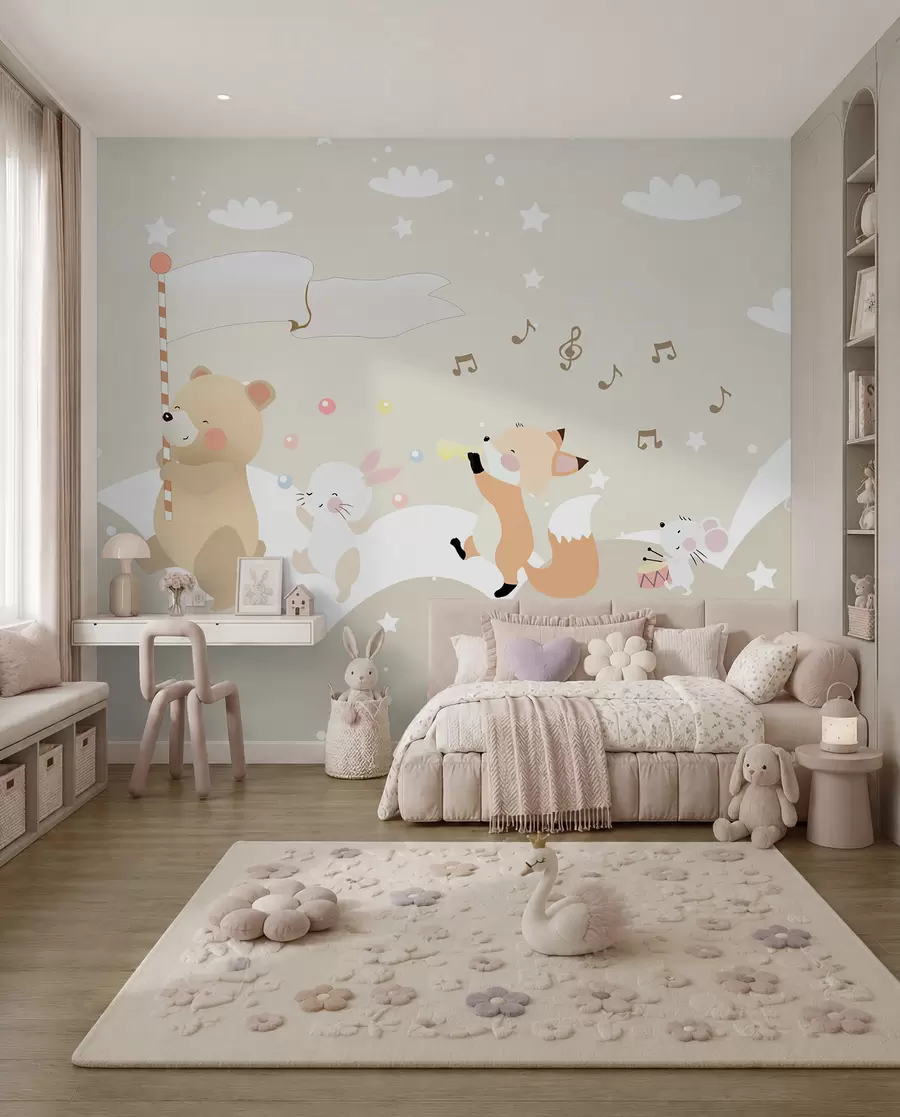 wall murals Дизајн тапета за дечију собу са слатким животињама у ружичастим тоновима u98969