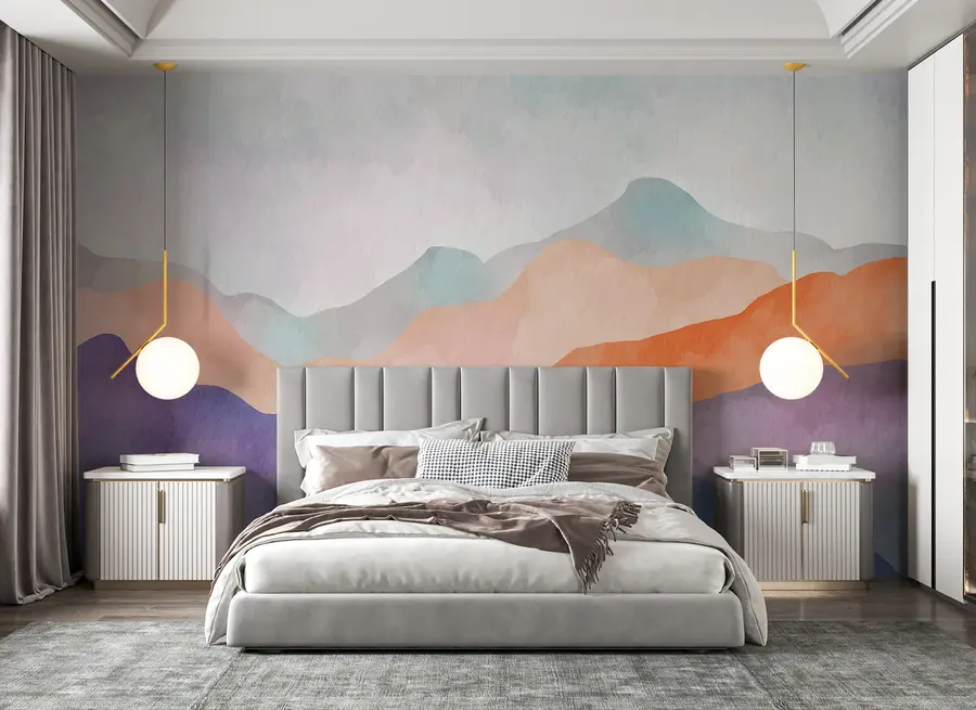 wall murals Планински пејзаж, апстрактни цртеж, бохо стил, наранџаста, љубичаста, плава u98991