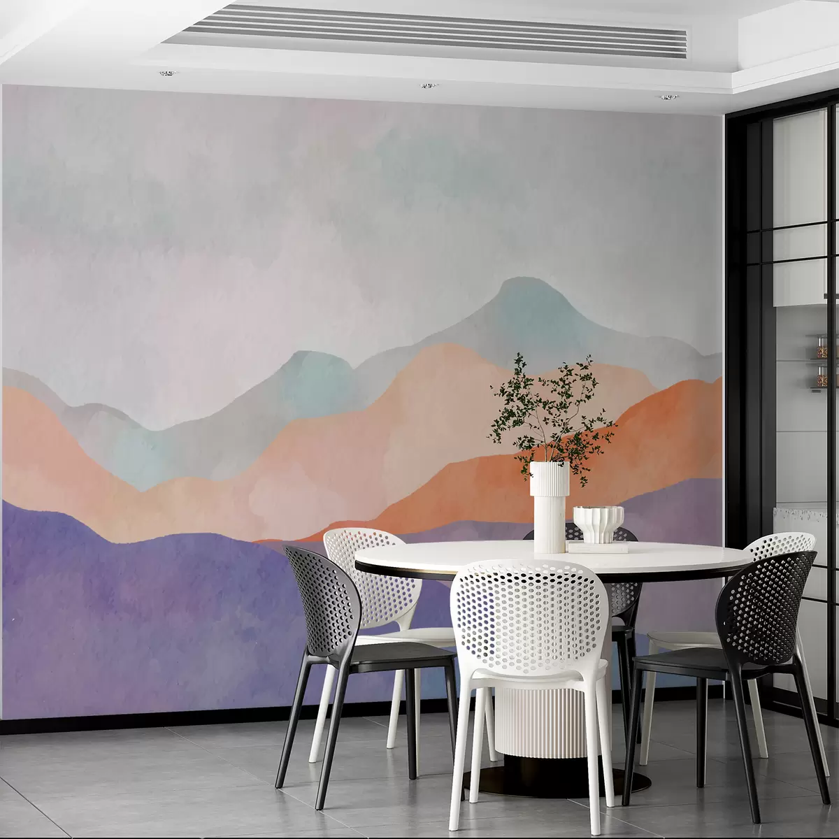 wall murals Планински пејзаж, апстрактни цртеж, бохо стил, наранџаста, љубичаста, плава u98991