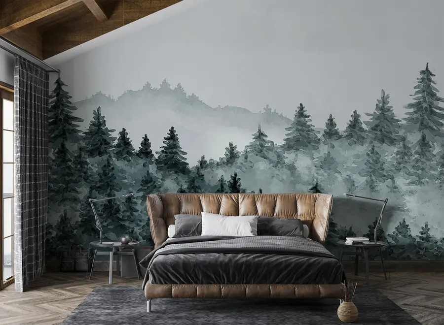 wall murals Акварел шумски пејзаж, магла, зелена боја, борови u98994